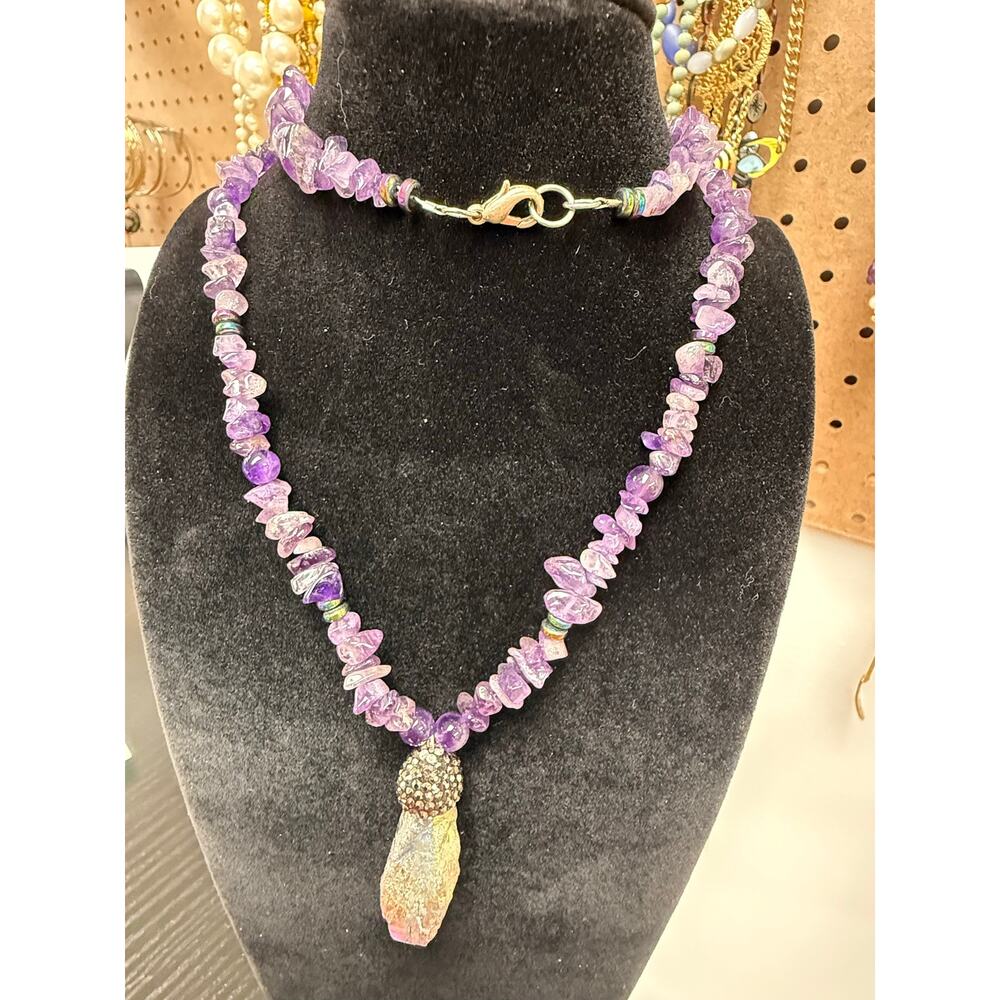 Amethyst Chip Necklace 24" with Large Natural Titanium Quartz Pendant 1 3/4"